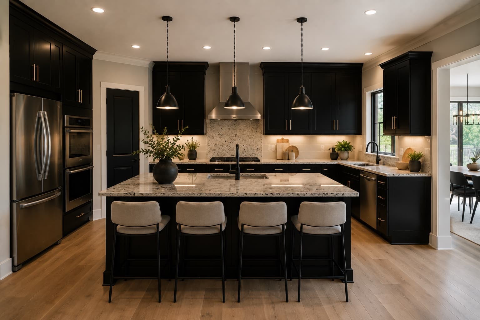 Kitchen cabinet refinish — black shaker, gold pulls