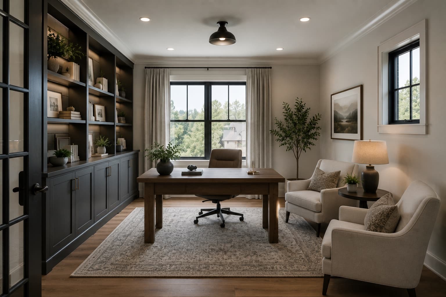 Home office redo on Augusta Road — dark built-ins, desk, sitting area